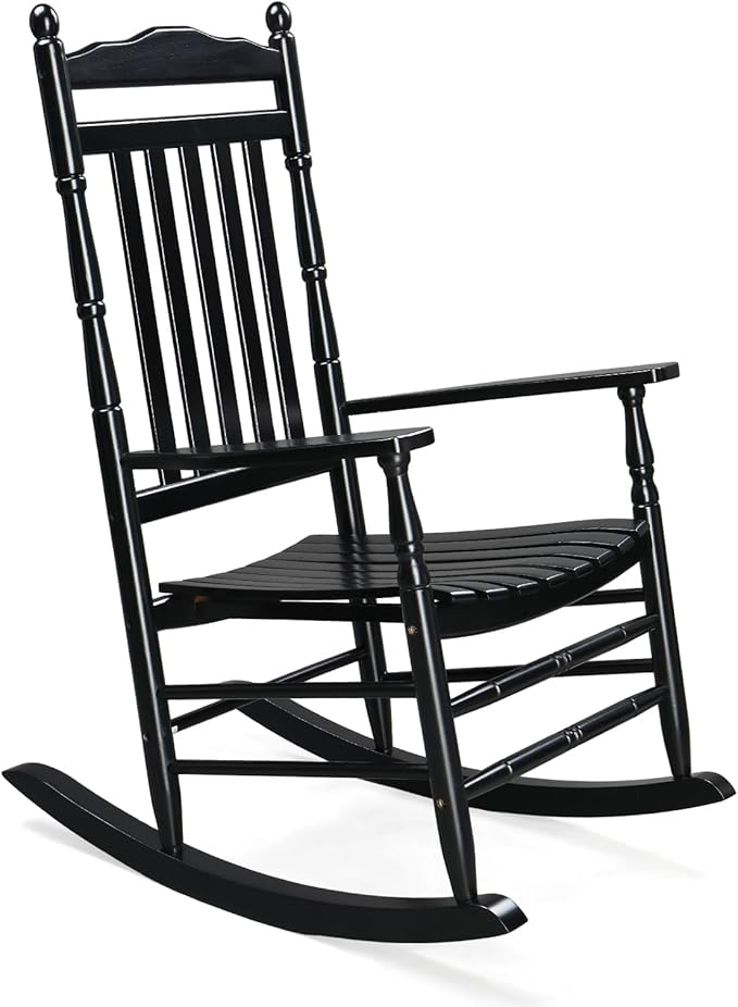 VINGLI Wooden Rocking Chair, Outdoor Chair with 450 lbs Support, Relaxing Rocker with Solid Wood High Back Seat Reclining Seat for Deck, Garden, Backyard, Porch, Indoor or Outdoor Use (Black, 1PC) by VINGLI