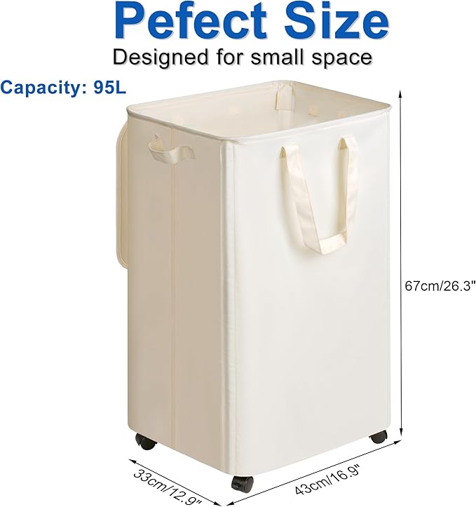 Slim Laundry Hamper with Lid and Wheels, Small Rolling Laundry Basket with - Image 2