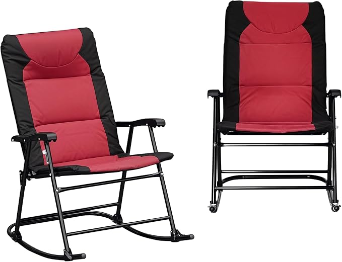 Outsunny Oversized Folding Rocking Camping Chair Set of 2, Padded Outdoor Rockers with High Back and Armrests, Portable Outdoor Patio Chairs with Steel Frame for Garden, Porch, Lawn, Red by Outsunny