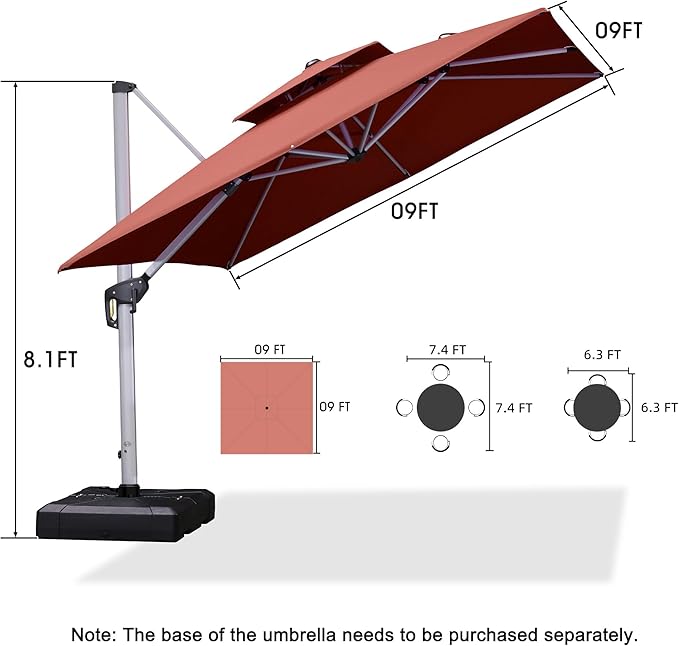 PURPLE LEAF 9ft Patio Umbrella Outdoor Square Umbrella Large Cantilever Umbrella Windproof Offset Heavy Duty Sun for Garden Deck Pool Patio, Brick Red - Image 8