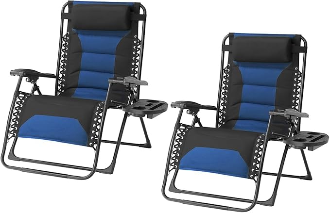 Zero Gravity Chair Set of 2 Oversized Folding Recliner, Padded Anti Gravity Lounge Chair with Adjustable Pillow & Cup Holder for Outdoor Camping, Patio, Poolside, Lawn (Black & Blue) by Unknown