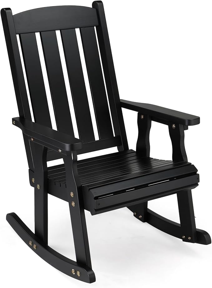 VINGLI Heavy Duty 600 LBS Outdoor Wooden Rocking Chair with Higher Backrest,Patio Rocking Chair with Ergonomic Design, Weatherproof Outdoor Rockers Suit for Patio, Garden, Balcony, Yard, Black by VINGLI