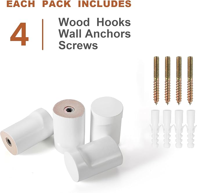 Wood Wall Hooks, 4 Pack White Decorative Coat Hooks Wall Mounted, Modern Hat - Image 7