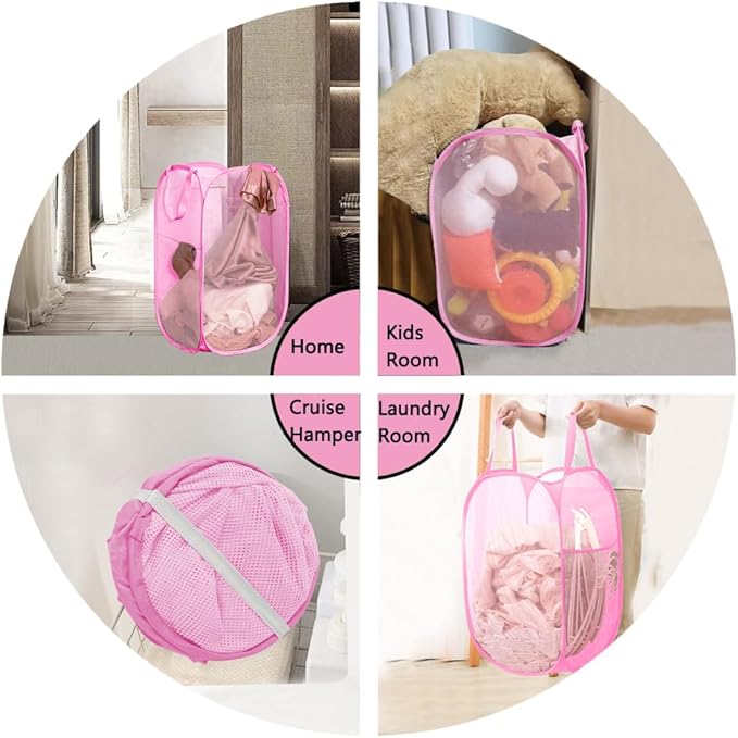 Portable Mesh Pop Up Laundry Hamper Pink Vertical Collapsible Laundry Basket - Image 8