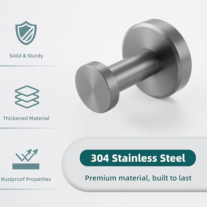 APLusee Gunmetal Gray Single Robe Hook, 304 Stainless Steel Heavy Duty Towel - Image 9