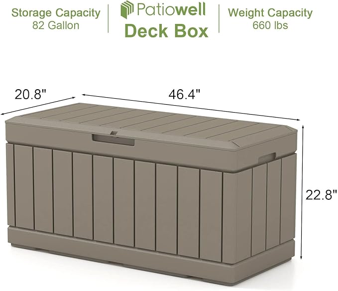 Patiowell 82 Gallon Resin Deck Box, Waterproof Large Wood Look Storage Box for Patio Furniture, Pool Accessories, Garden Tools and Sports Equipment, Lockable, Light Brown - Image 6