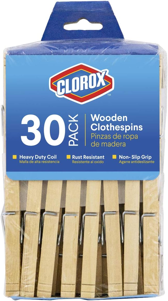 Clorox Wood Clothespins with Spring – Value Pack Set of 30 | Rust Resistant by Clorox