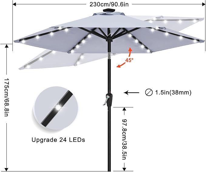 ABCCANOPY Durable Solar Led Patio Umbrellas with 24LED Lights 7.5FT with 6 Sturdy Ribs (Fog Gray) - Image 3
