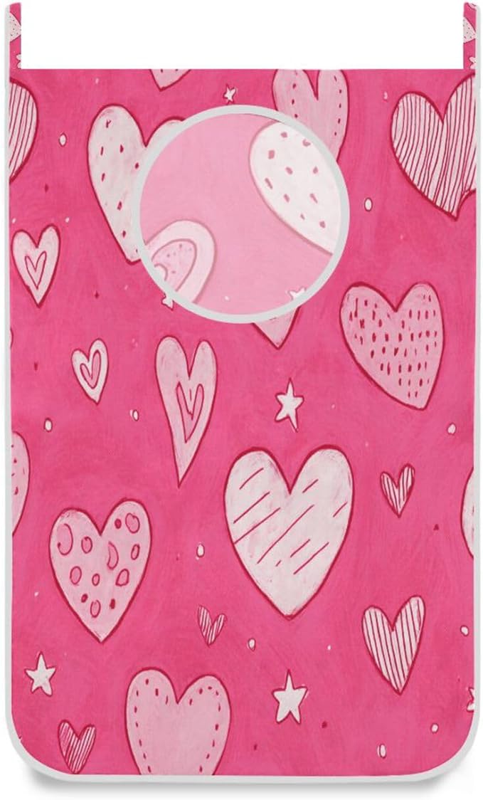 Hot Pink Hearts Stars Hanging Laundry Hamper Door Hampers Bag Basket by Tatenale