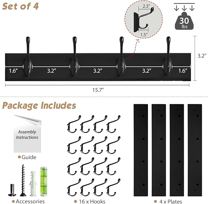 Forbena Black Coat Rack Wall Mount, Coat Hooks Wall Mounted - Image 6