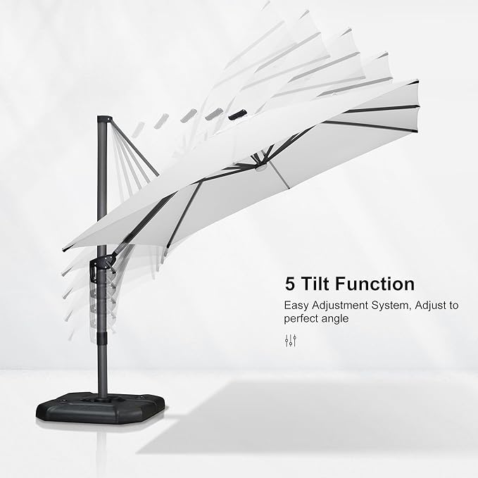 PURPLE LEAF 10 Feet Patio Umbrella with Base Outdoor Cantilever Solar Powered LED Square Umbrella Aluminum Offset Umbrella with 360-degree Rotation for Garden Deck Pool Patio White - Image 7