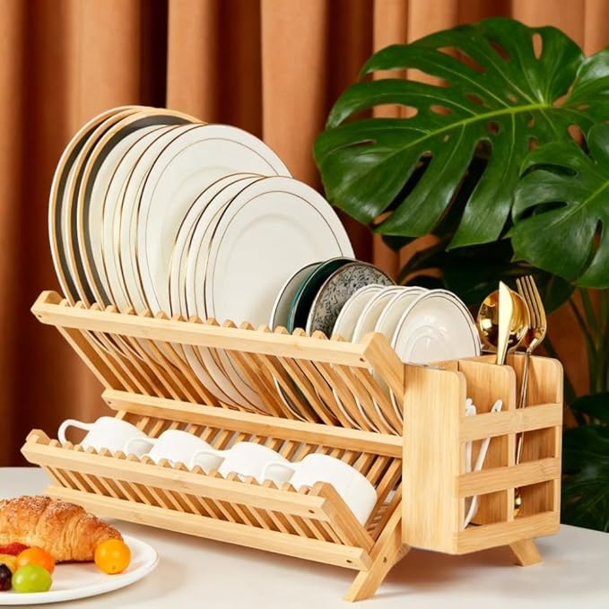 QUEENKAY Dish Drying Rack Collapsible 2-Tier Bamboo Dish Rack - Image 6