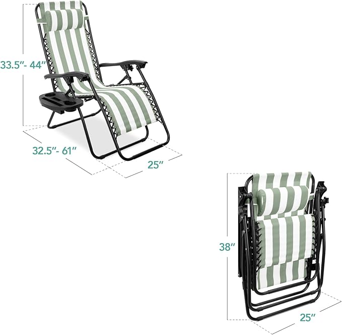 Best Choice Products Set of 2 Adjustable Steel Mesh Zero Gravity Lounge Chair Recliners w/Pillows and Cup Holder Trays - Sage Green Striped - Image 2