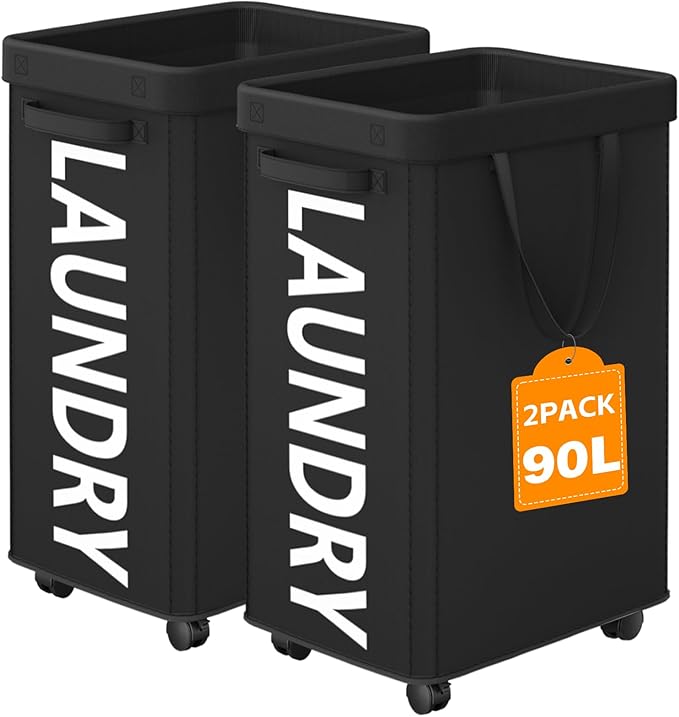 2 Pack Laundry Basket with Wheels, 90L Rolling Laundry Hamper with Wheels by Optish
