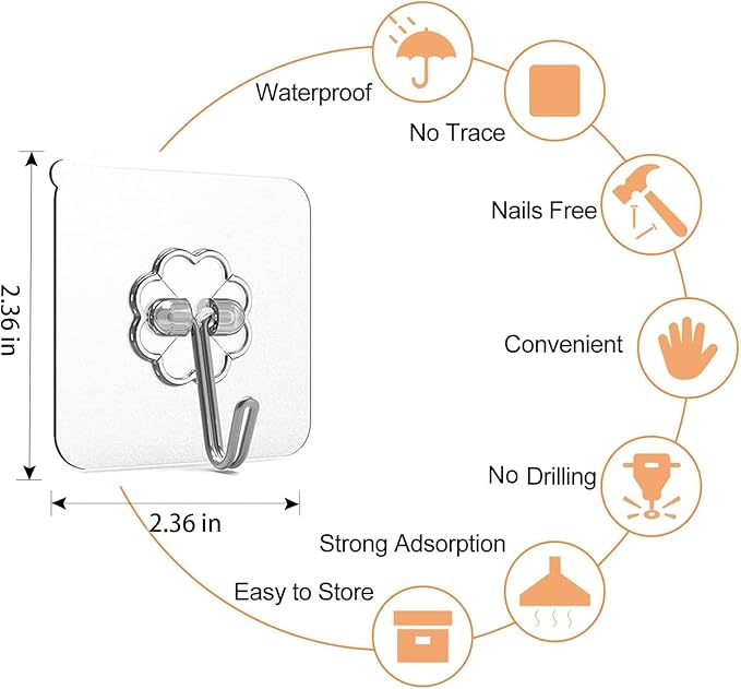 Adove Adhesive Hooks for Hanging, Heavy Duty Wall Hooks 20 Pack, Removable - Image 3