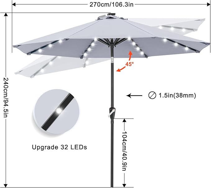 ABCCANOPY Durable Solar Led Patio Umbrellas with 32LED Lights 9FT (Light Gray) - Image 4