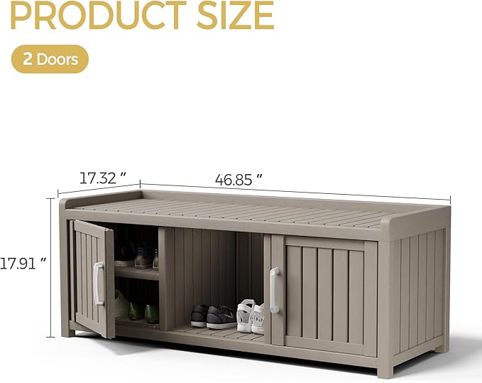 Storage Bench - Waterproof Resin Shoe Bench with Adjustable Shelves - Indoor & Outdoor Use, 2 Doors Entryway Bench with Hidden Storage Space - Storage Cabinet for Bedroom, Hallway, Grey - Image 3