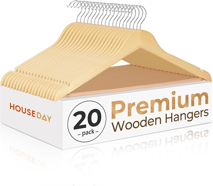 HOUSE DAY Premium Wooden Coat Hangers 20 Pack, Heavy Duty Solid Wood Clothes by HOUSEDAY