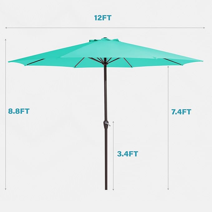 MEWAY 12ft Patio Umbrella Outdoor Table Umbrellas with Crank, Market Umbrella 8 Sturdy Ribs for Deck, Garden, Pool and Backyard, Turquoise - Image 7