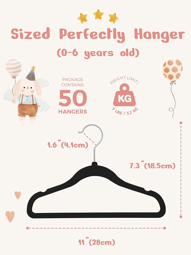 HOUSE DAY 11 Inch Black Velvet Baby Hangers 20 Pack, Premium Kids Hangers - Image 6