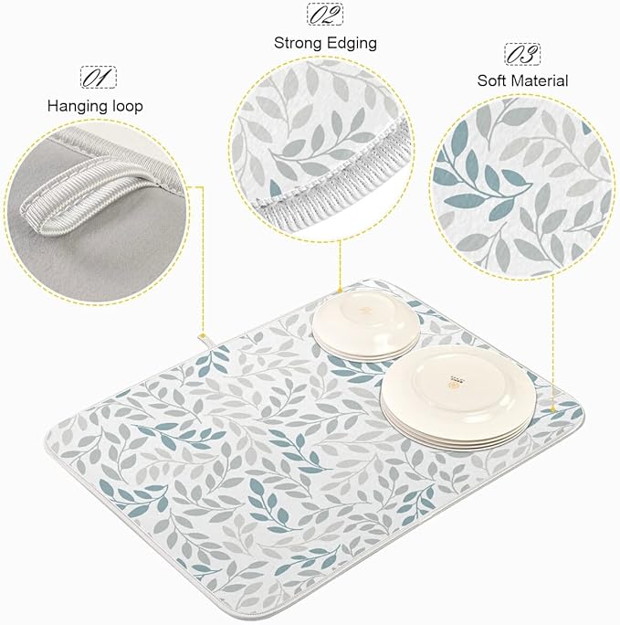 Grey and Blue Leaves branches Dish Drying Mat 18x24 - Image 4