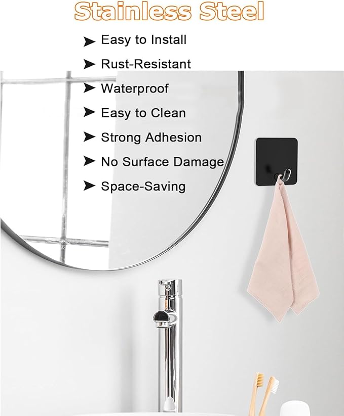 Adhesive Towel Hooks for Bathrooms, 8 Piece Towel Hooks for Hanging Hat Robe - Image 7
