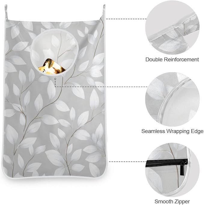 Grey Simple Leaves Hanging Laundry Hamper Door Hampers Bag Basket - Image 5