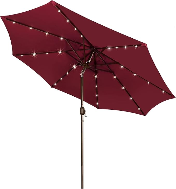 Blissun 9 ft Solar Umbrella, 32 LED Lighted Patio Umbrella, Table Market Umbrella, Outdoor Umbrella for Garden, Deck, Backyard, Pool and Beach (Burgundy) by Blissun