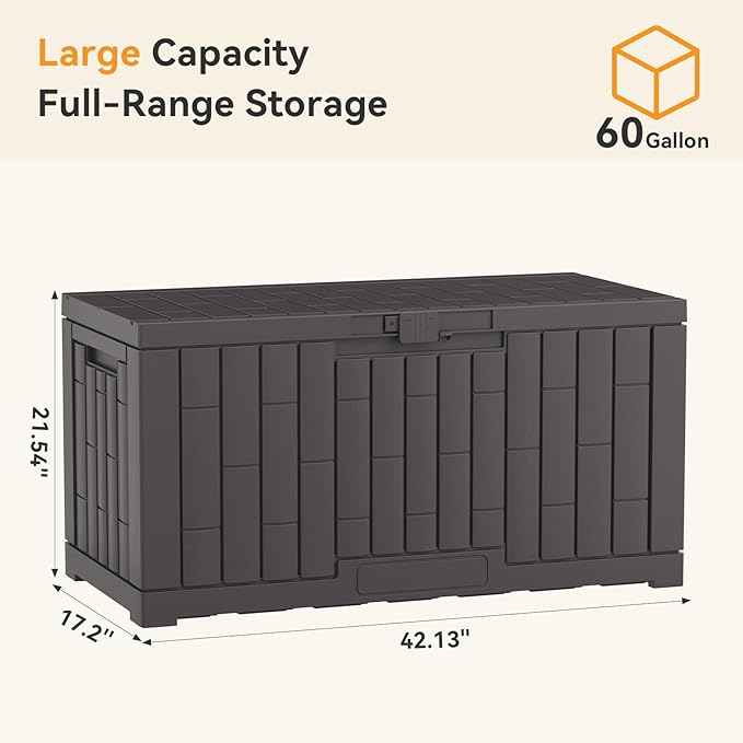 NEWBULIG 60 Gallon Deck Box, Waterproof Outdoor Storage Box with Lockable Lid, Patio Furniture Bench & Side Table, Outside Storage Container, Tool-Free Assembly, for Garden, Pool, Brown - Image 2