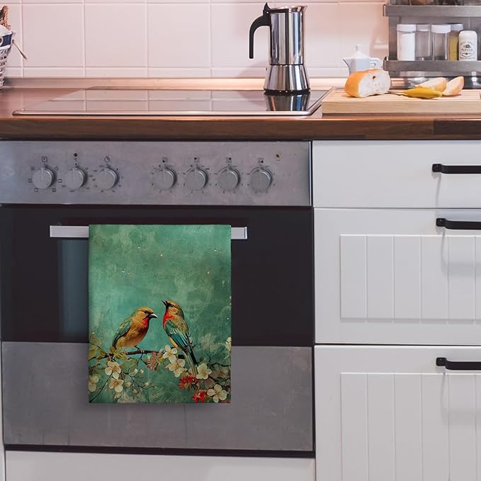 Cute Birds Kitchen Towels Decorative Set of 2, Absorbent Dish Towels Green Tea - Image 5