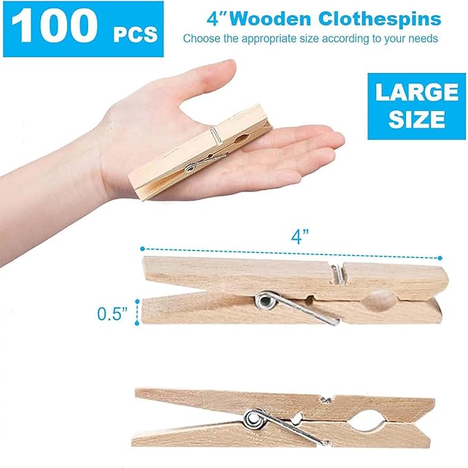 SenseYo 100 Pcs Wooden Clothespins Clips 4 Inch Large Wooden Clips - Image 2