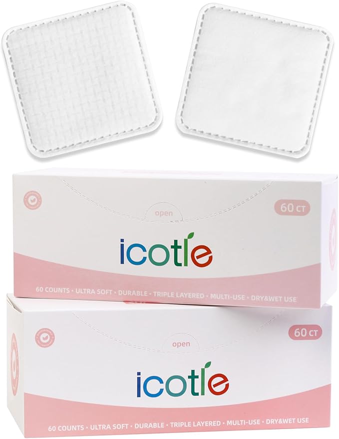 Clean Pads, Unique Triple Layers, Textured & Ultra Soft Side, Square Cotton Pads by icotle