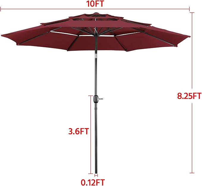Yaheetech 3 Tier Patio Umbrella 10ft Vented Outdoor Large Market Table Umbrella with 8 Sturdy Ribs & 1.5" Umbrellla Pole, Double-layer Cloth & Push-button Tilting & Crank for Pool/Garden/Lawn Burgundy - Image 8