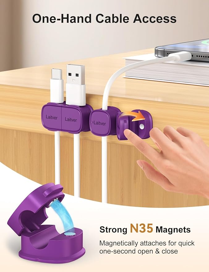 6 Pack Magnetic Cable Clips, Laitver Cord Organizer Holder Strong Adhesive Desk - Image 4