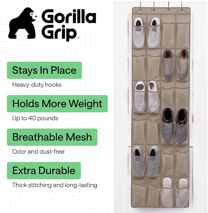 GORILLA GRIP Over the Door Shoe Organizer, 24 Large Breathable Mesh Pockets - Image 2