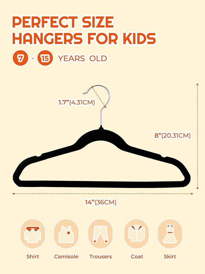 HOUSE DAY 14 Inch Kids Velvet Hangers 100 Pack, Durable Big Kid Hangers - Image 9