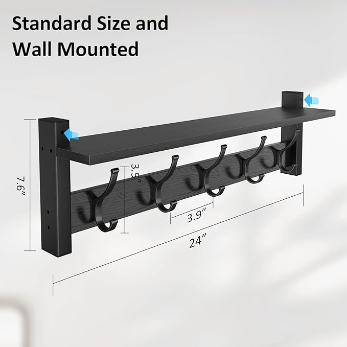 Coat Rack Wall Mount with Shelf, 24 Inch Coat Hanger Walls Mounted, Hat Rack - Image 7