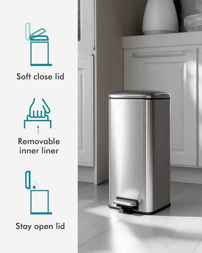 8 Gallon SquareTrash Can with Soft Close Lid, Stainless Steel Trash Can with - Image 3