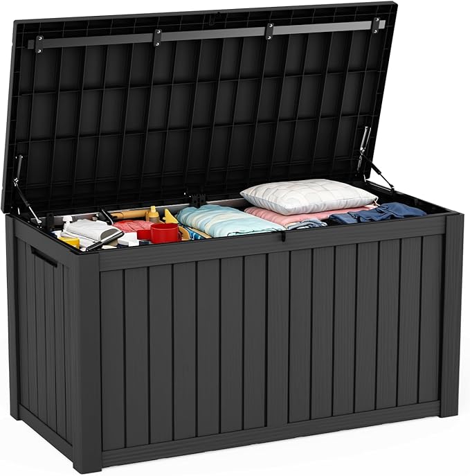 EasyUp 180 Gallon Outdoor Storage Box, Resin Waterproof UV-Resistant Deck Box with Hydraulic Lid Support, Reinforced Stability for Patio, Garden, and Poolside, Black by EASYUP
