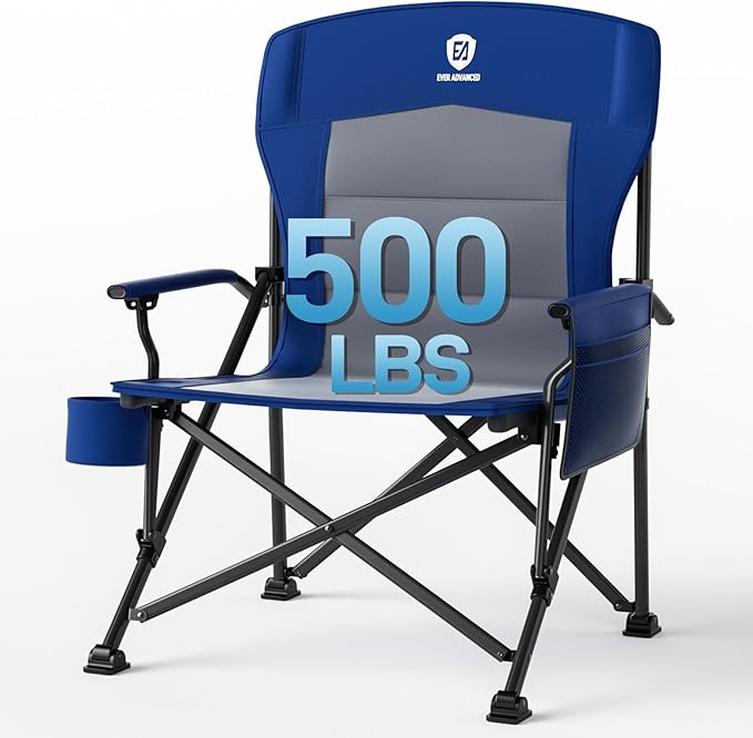 EVER ADVANCED Oversized Folding Camping Chair, for Adults Heavy Duty Lawn Chair with Side Pockets, Portable Collapsible Quad Chair for Outside, Support Up to 500lbs, Blue by EVERADVANCED