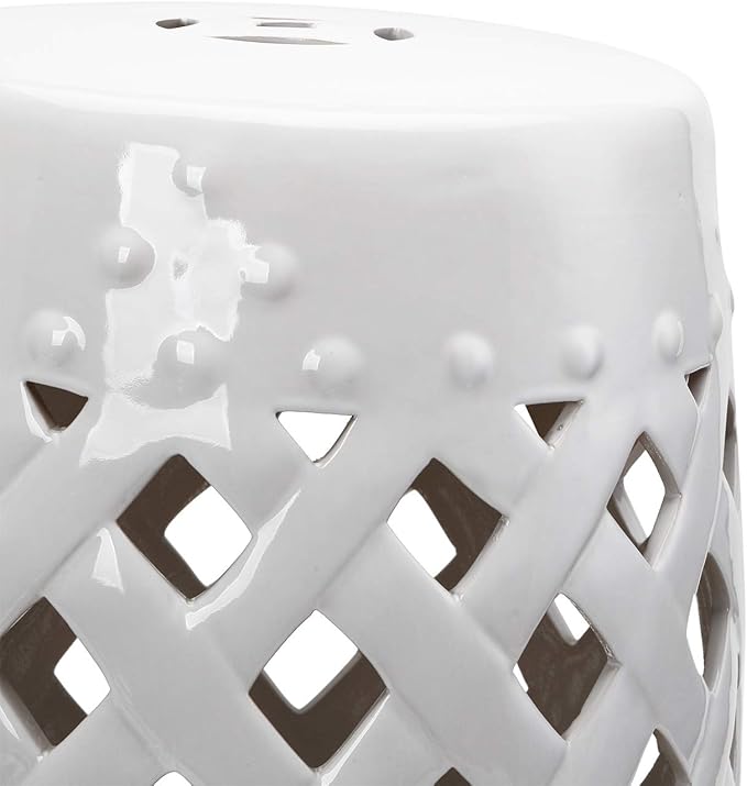 Outsunny 13" x 18" Ceramic Garden Stool with Woven Lattice Design & Glazed Strong Materials Decorative Outdoor Stool, White - Image 9