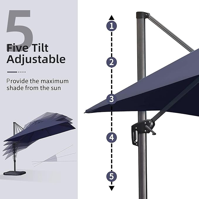 PURPLE LEAF 9' X 11.5' Cantilever Outdoor Rectangle Umbrella Patio Umbrella with Base Offset Umbrella with 360-degree Rotation for Garden Pool Deck Patio Navy Blue - Image 7