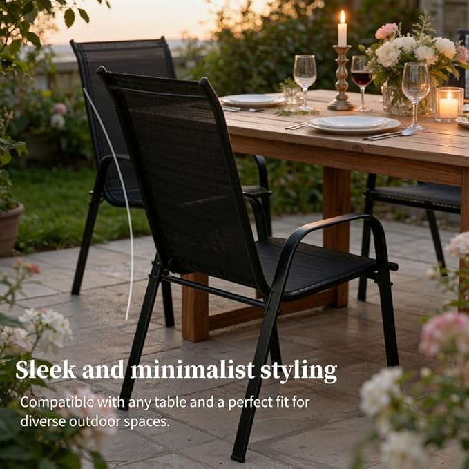 MAMIZO Patio Dining Chairs, Stackable All Weather Teslin Chair, Heavy Duty Outdoor Breathable Chairs Set, w/Armrests, Upgraded Chair FeetW/Strenthened Iron Spacers, 330 LBS (8, Black) - Image 7