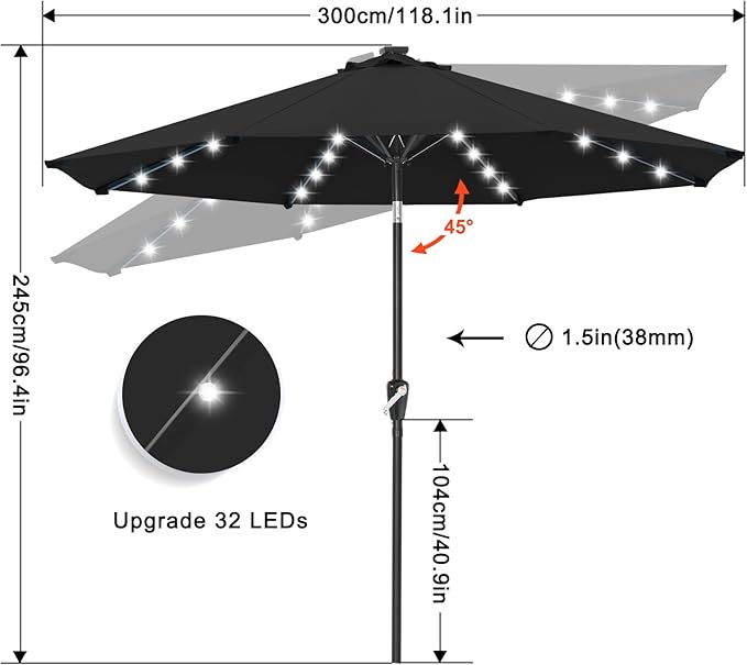 ABCCANOPY 10FT Durable Solar Led Patio Umbrellas with 32LED Lights (Jet Black) - Image 3