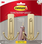 Command Large Satin Brass Double Hooks, 2 Hooks and 2 Strips, Damage-Free Wall by Command