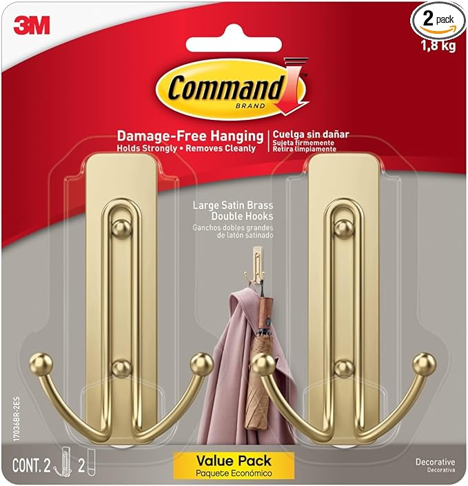 Command Large Satin Brass Double Hooks, 2 Hooks and 2 Strips, Damage-Free Wall by Command