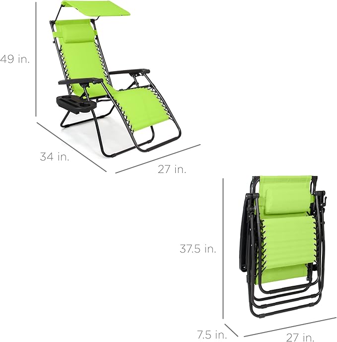 Best Choice Products Folding Zero Gravity Outdoor Recliner Patio Lounge Chair w/Adjustable Canopy Shade, Headrest, Side Accessory Tray, Textilene Mesh - Lime Green - Image 3