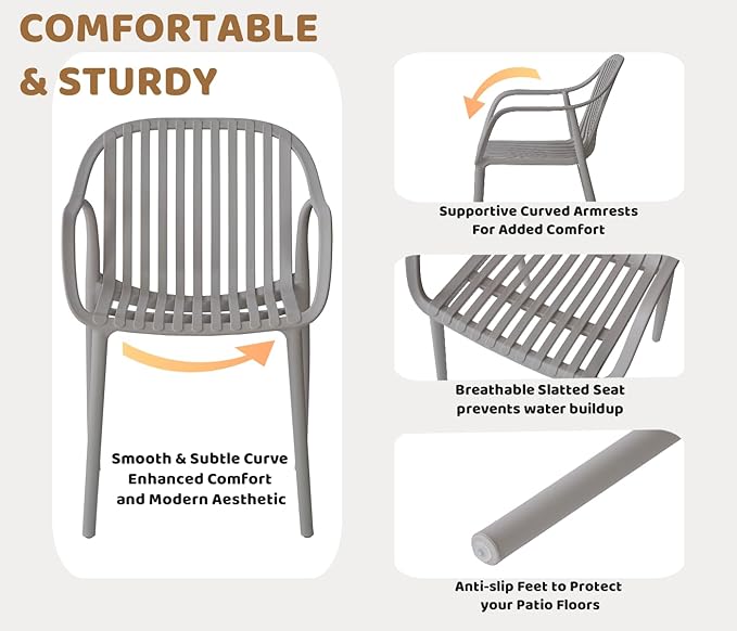 Modern Stackable Outdoor & Indoor Plastic Dining Chairs Set, Outdoor Breathable Armchairs Set, Weather-Resistant, Ideal for Patios, Cafes, and Home Use, No Assembly, Set of 4 (Grey) - Image 4