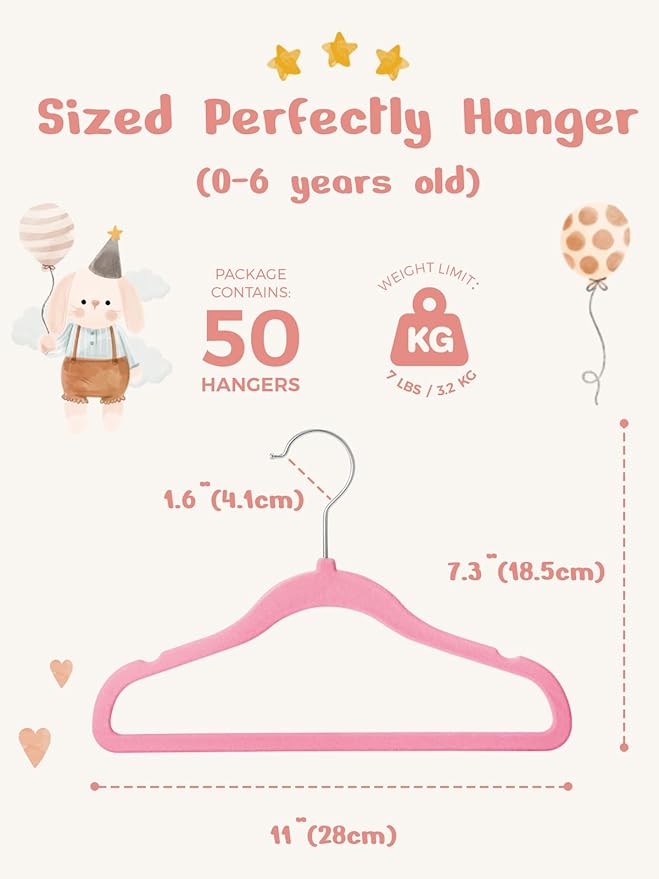 HOUSE DAY 11 Inch Velvet Baby Hangers 50 Pack Lt-Pink, Premium Kids Hangers - Image 7