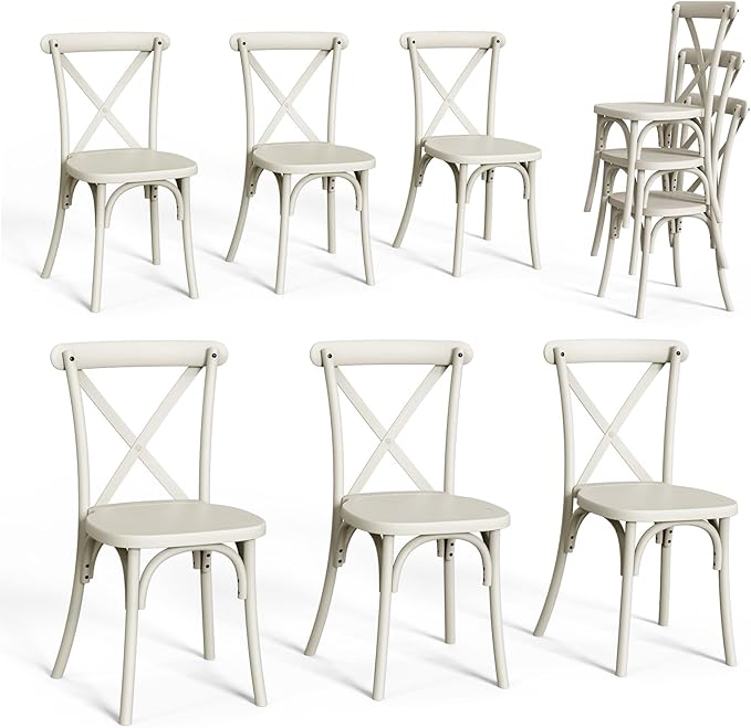 VINGLI Plastic Outdoor Dining Chairs Set of 6, Stackable Patio Cream White Dining Chairs with X Back, Waterproof Kitchen & Dining Room Chairs for Indoor-Outdoor, Capacity 400 lbs by VINGLI